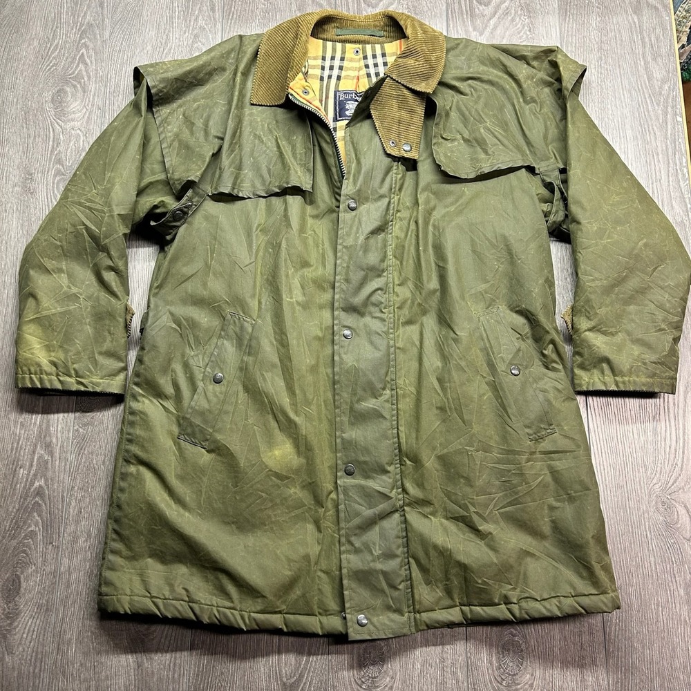 Vintage Burberrys Waxed Cotton Field Jacket Olive Green Nova Check Lining Large